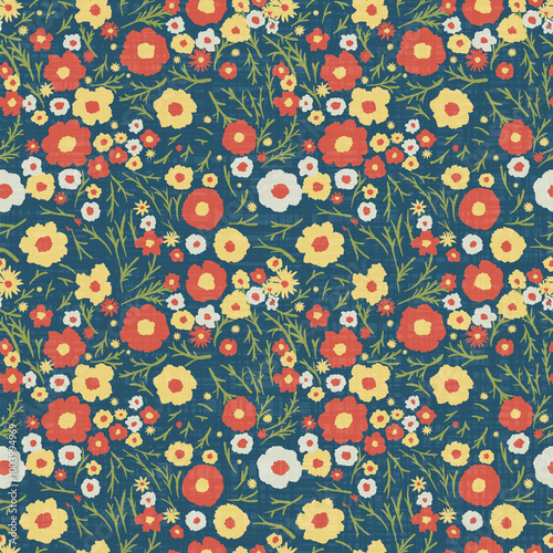 A vibrant floral background in the retro hippie style, a seamless floral boho pattern, red, yellow and orange flowers on a blue, textured background 