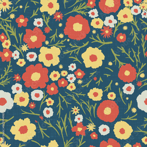 A vibrant floral background in the retro hippie style, a seamless floral boho pattern, red, yellow and orange flowers on a blue, textured background 