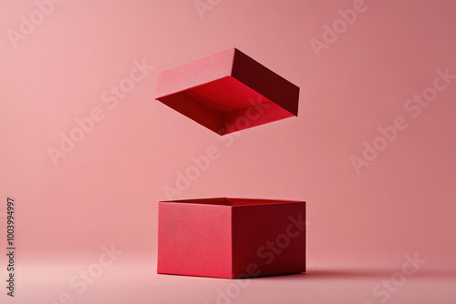 Red gift box with its lid floating above it, casting a subtle shadow on the pink background photo