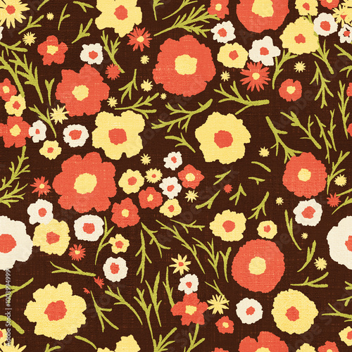 A vibrant floral background in the retro hippie style of the 70s, a seamless floral boho pattern, red, yellow and orange flowers on a brown textured background