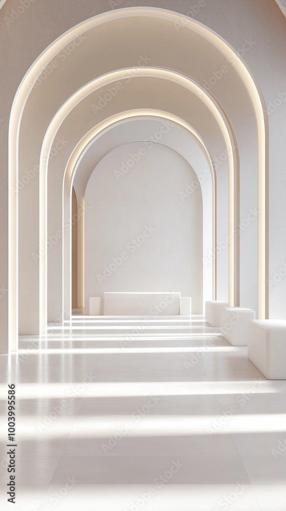 A modern minimalist hallway with arched entrances. A modern minimalist hallway with arched entrances.