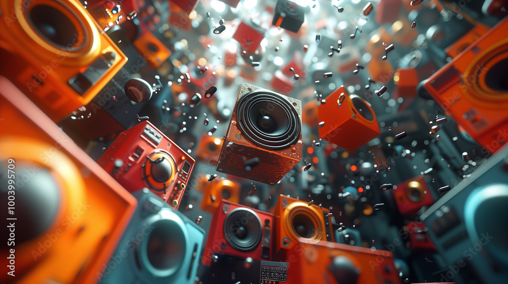 A futuristic cityscape with a lot of speakers and a lot of debris A futuristic cityscape with a lot of speakers and a lot of debris