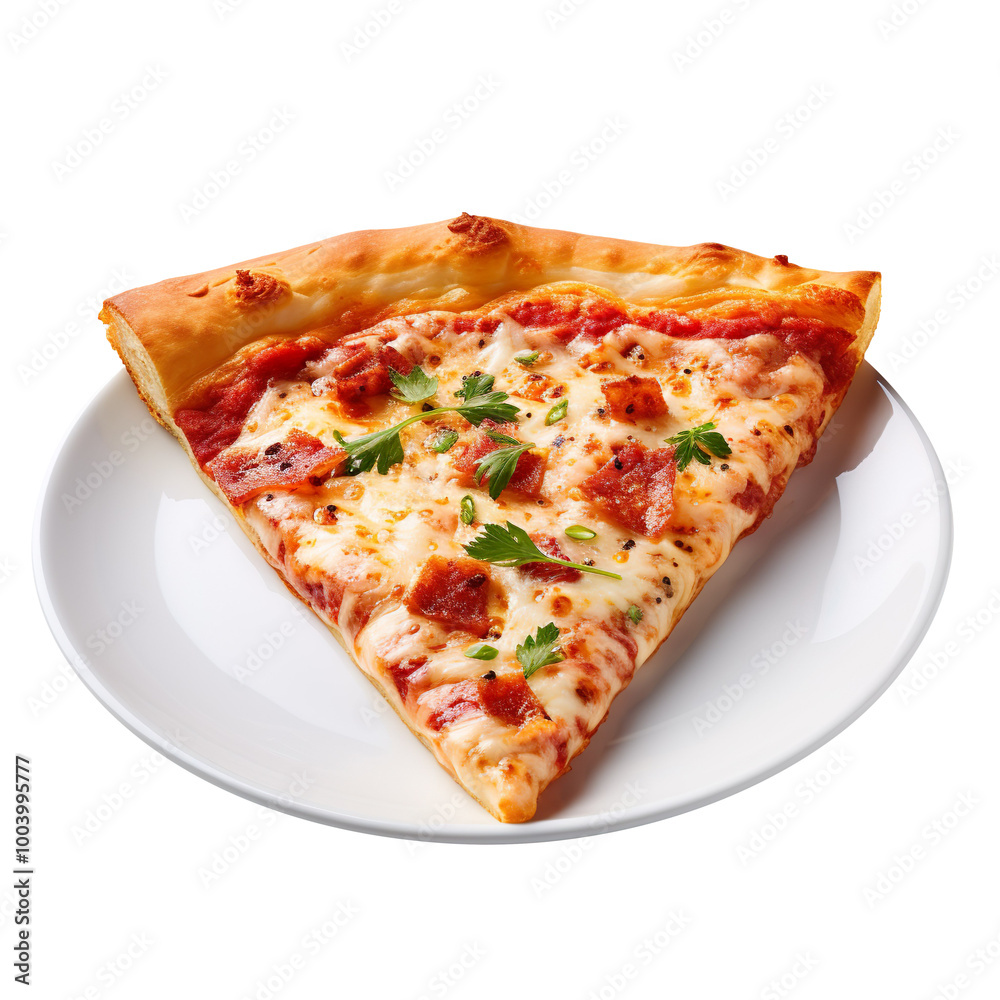 A Slice of Pizza on a White Plate isolated on transparent background A Slice of Pizza on a White Plate isolated on transparent background