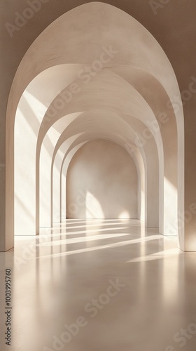 A modern minimalist hallway with arched entrances.