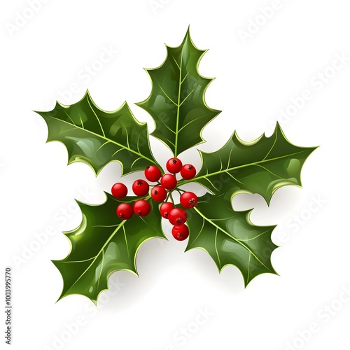 Sprig of Holly with Red Berries Isolated on White Background