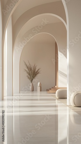 A modern minimalist hallway with arched entrances.