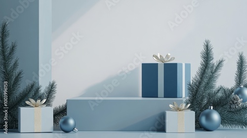 Blue square ceramic podium in contemporary design on light grey Christmas background