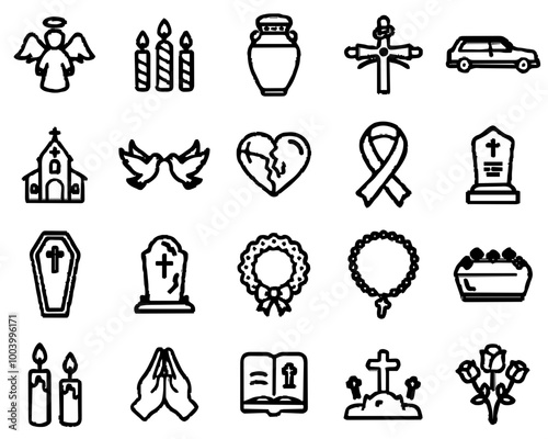 Funeral symbols and icons set, outline style, including angels, candles, and graves