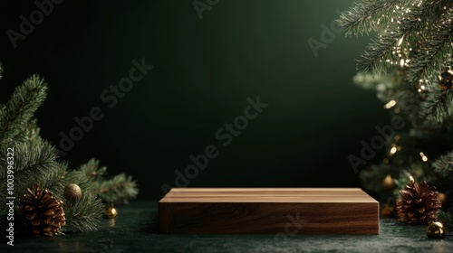 Brown rectangular wood podium in eco-friendly design against dark green Christmas background
