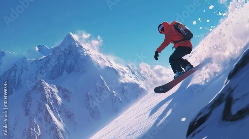 Snowboarder performing a jump on a snowy slope against a mountain backdrop.