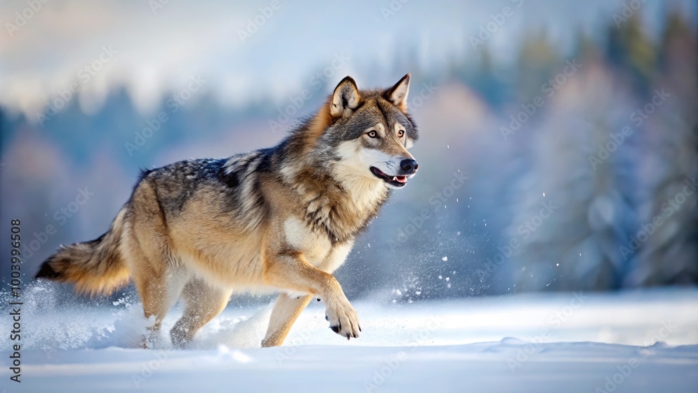 Winter panoramic of grey wolf Canis lupus races left in snowy field Winter panoramic of grey wolf Canis lupus races left in snowy field