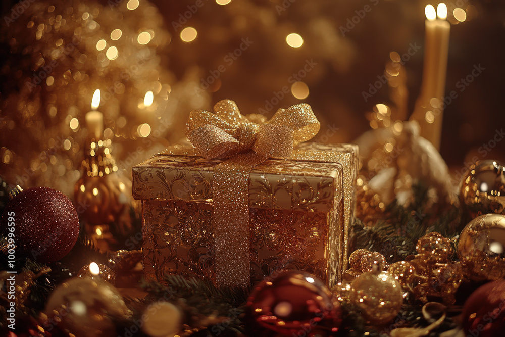 Golden gift box with a ribbon surrounded by christmas decoration, illuminated by the warm lights of candles Golden gift box with a ribbon surrounded by christmas decoration, illuminated by the warm lights of candles