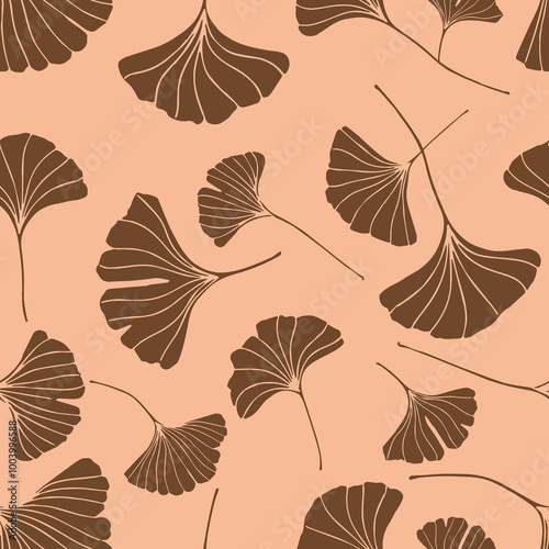 A seamless pattern of ginkgo leaves in dark gold color, a variation of hand-drawn ginkgo leaves, an elegant botanical peach fuzz background 
