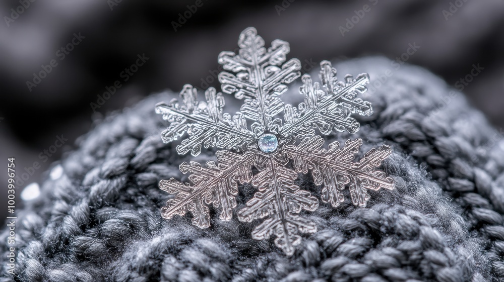 Snowflake adorns a knitted gray hat, showcasing winter's beauty and warmth. Snowflake adorns a knitted gray hat, showcasing winter's beauty and warmth.