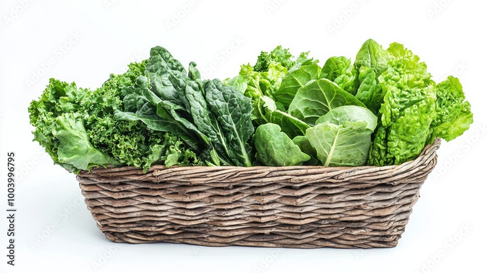Assortment of Fresh Leafy Greens and Vegetables in a Wicker Basket on a White Background Assortment of Fresh Leafy Greens and Vegetables in a Wicker Basket on a White Background