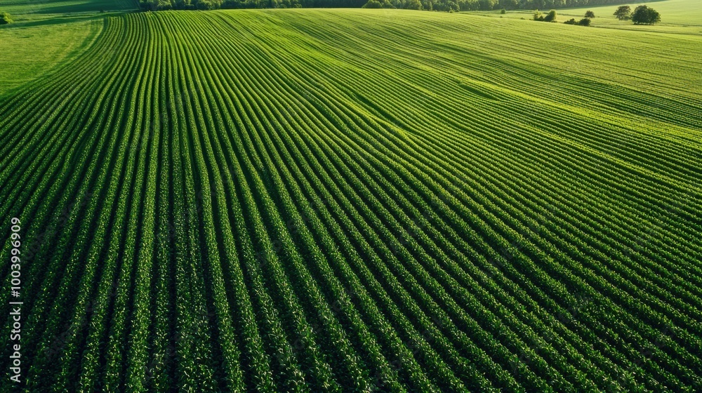 Lush Green Agricultural Field with Parallel Crop Rows in Scenic Rural Landscape Lush Green Agricultural Field with Parallel Crop Rows in Scenic Rural Landscape