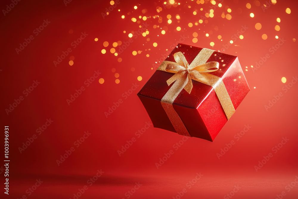 Red gift box with a golden ribbon is floating on a red background with golden sparkles Red gift box with a golden ribbon is floating on a red background with golden sparkles