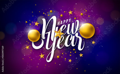 Happy New Year 2025 Illustration with White Typography Lettering and Golden Christmas Ball on Dark Background. Holiday Design with Falling Serpentine for Flyer, Banner, Greeting Card, Celebration