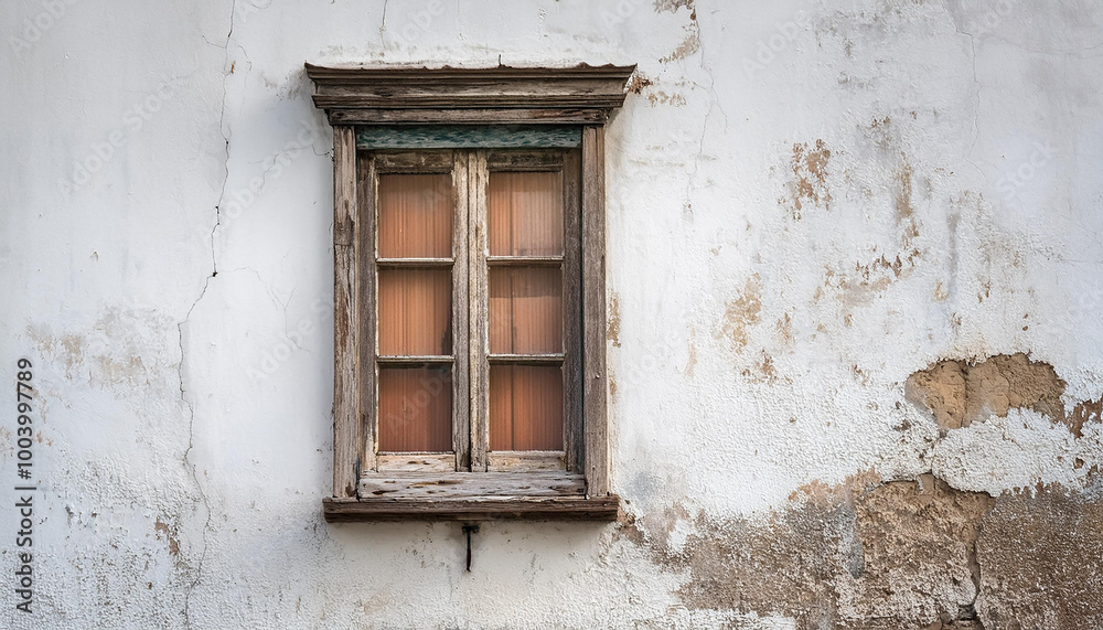 Window with weathered wooden frame, rough white cement wall. Natural wood. Building exterior. Window with weathered wooden frame, rough white cement wall. Natural wood. Building exterior.