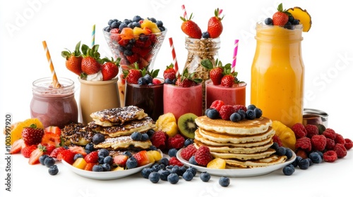 A vibrant display of delicious breakfast items featuring pancakes, fresh fruits, smoothies, and colorful toppings.