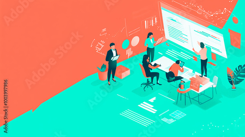 illustration of office employees discussing business strategy for a corporate presentation, in turquoise and coral shades