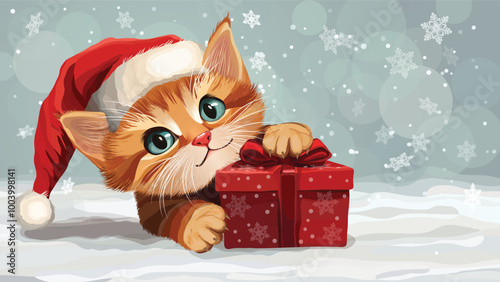 Cute fluffy kitten in a Santa hat with Christmas gift box on white winter background. Detailed layered vector illustration for Christmas or New Year card