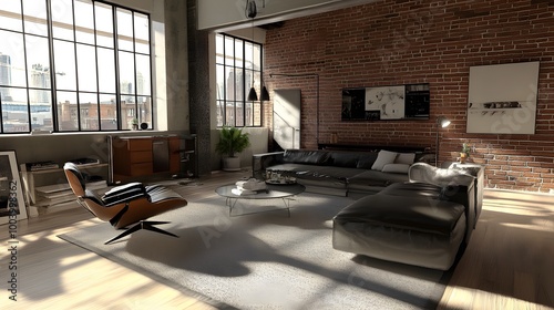 Living room interior in loft, industrial style, 3d render. 