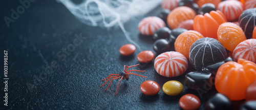 Colorful Halloween candies with a spider on dark background, perfect for seasonal celebrations. photo