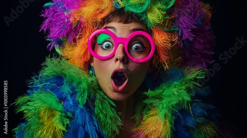 Surprised woman in colorful wig, pink glasses, and neon green boa on a dark background.