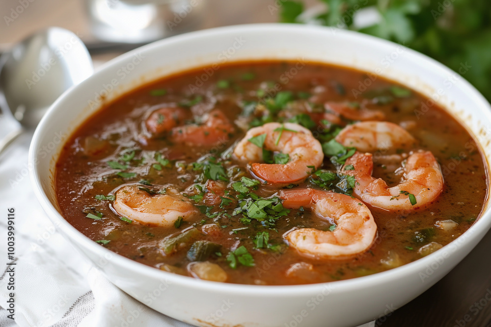 Gumbo soup. Louisiana soup gumbo with shrimp, chorizo and white rice on wooden table Gumbo soup. Louisiana soup gumbo with shrimp, chorizo and white rice on wooden table