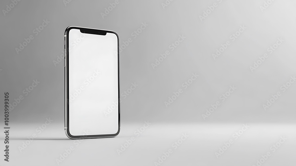 A black smartphone with a blank screen sits on a white surface with plenty of copy space. A black smartphone with a blank screen sits on a white surface with plenty of copy space.