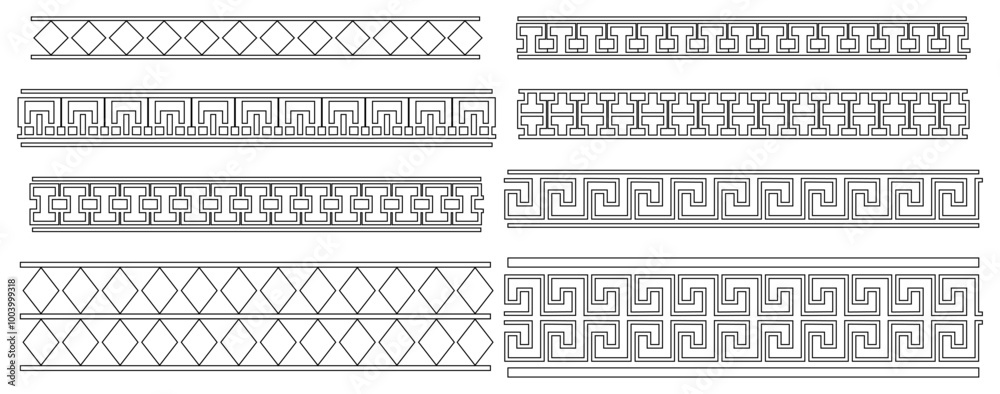 Greek Key seamless borders. Traditional meander patterns. Collection of ancient roman style frames. Vector illustration of geometric tileable motives... Greek Key seamless borders. Traditional meander patterns. Collection of ancient roman style frames. Vector illustration of geometric tileable motives...