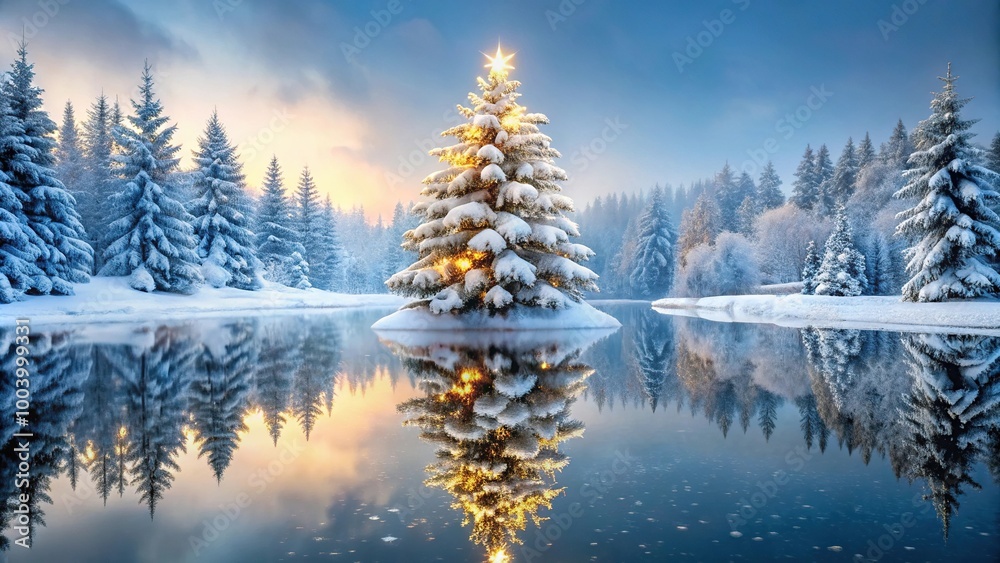Obraz premium Winter wonderland landscape of snow-covered Christmas tree in forest