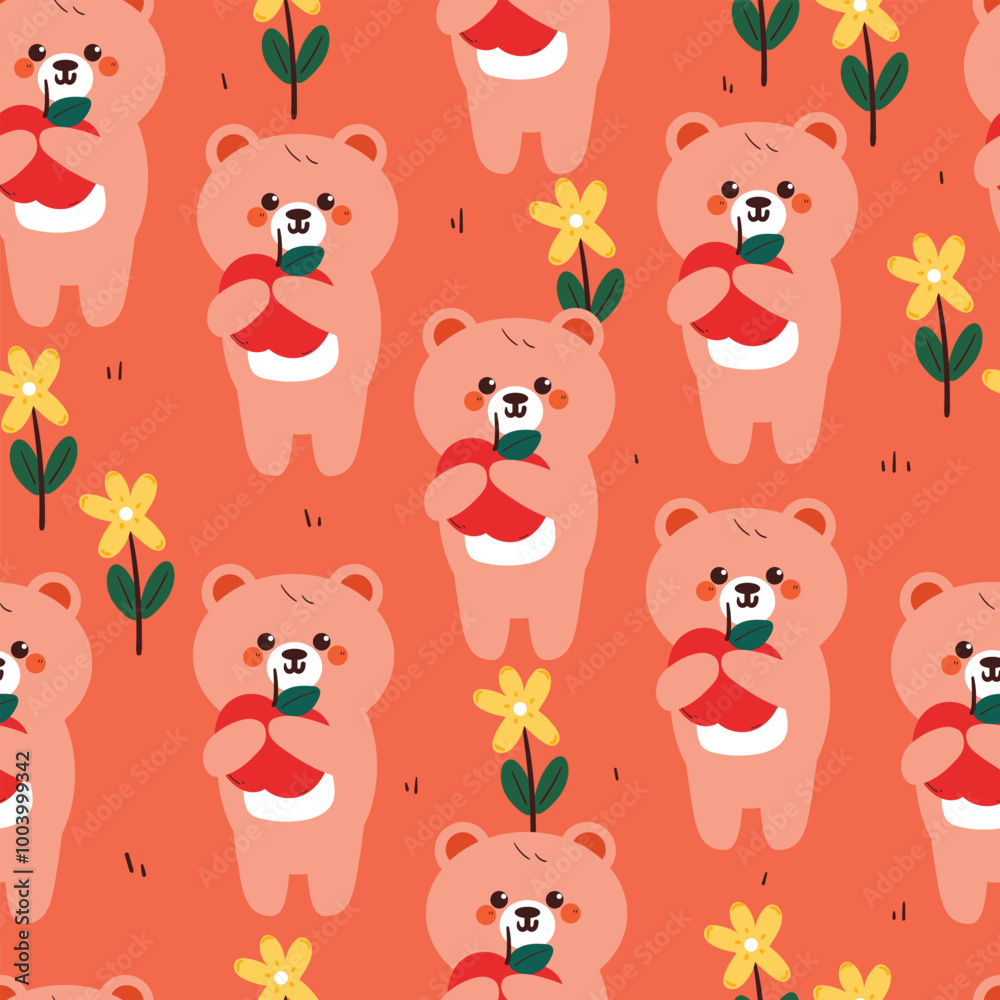 Fototapeta premium seamless pattern cartoon bear holding red apple. cute autumn vibes wallpaper for fabric print, gift wrap paper