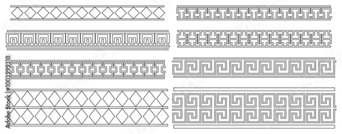 Greek Key seamless borders. Traditional meander patterns. Collection of ancient roman style frames. Vector illustration of geometric tileable motives...