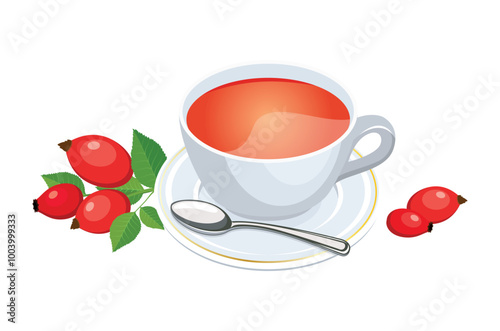 Cup of tea with rose hips and leaves vector illustration. Rose hip tea icon set isolated on a white background. Cup of healthy herbal tea drawing