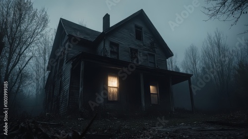 Spooky abandoned house illuminated by a single window at night.