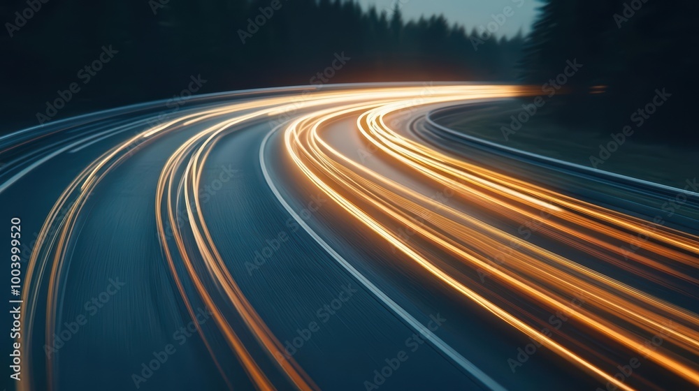 Dynamic light trails from vehicles on a winding road at dusk, emphasizing speed and motion. Dynamic light trails from vehicles on a winding road at dusk, emphasizing speed and motion.