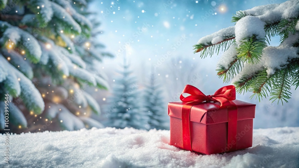 Winter wonderland scene with festive red gift box under tree Winter wonderland scene with festive red gift box under tree