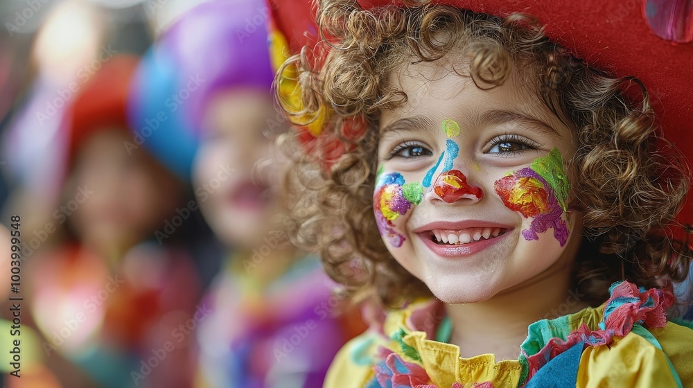 Joyful child in a colorful clown costume with a big red hat at a festive parade. Joyful child in a colorful clown costume with a big red hat at a festive parade.