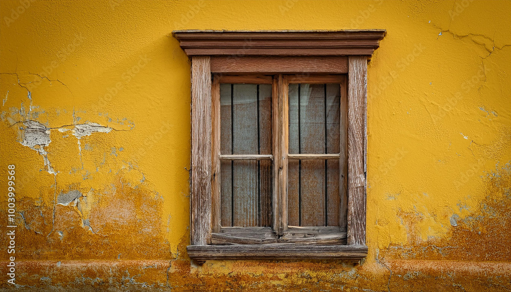 Fototapeta premium Window with weathered wooden frame, rough yellow cement wall. Natural wood. Building exterior.