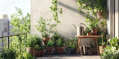 A balcony with potted plants, a watering can, and a wooden table.