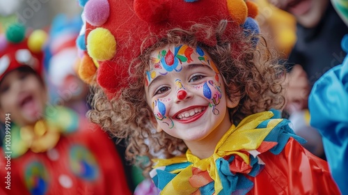 Joyful child in a colorful clown costume with a big red hat at a festive parade.