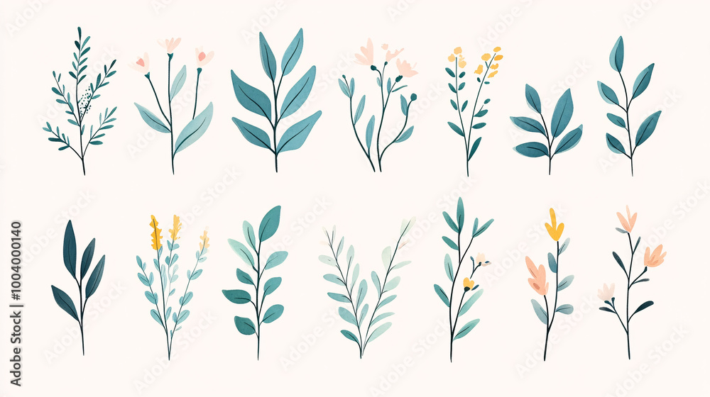 This hand-drawn vector set showcases an assortment of herbs, wildflowers, and spices in a watercolor style. Each plant is uniquely illustrated with soft, fluid brushstrokes, detailed leaves, and This hand-drawn vector set showcases an assortment of herbs, wildflowers, and spices in a watercolor style. Each plant is uniquely illustrated with soft, fluid brushstrokes, detailed leaves, and