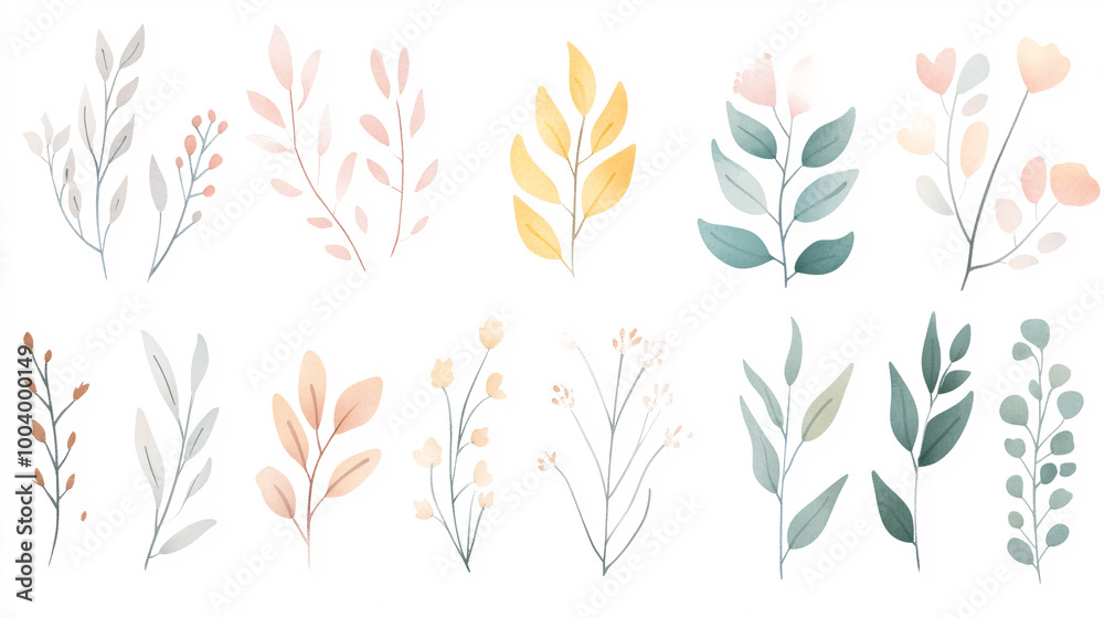 This hand-drawn vector set showcases an assortment of herbs, wildflowers, and spices in a watercolor style. Each plant is uniquely illustrated with soft, fluid brushstrokes, detailed leaves, and This hand-drawn vector set showcases an assortment of herbs, wildflowers, and spices in a watercolor style. Each plant is uniquely illustrated with soft, fluid brushstrokes, detailed leaves, and