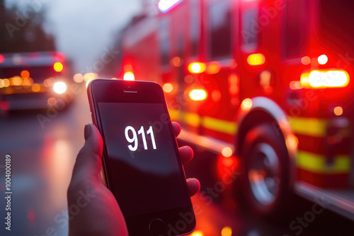 Person is dialing 911 on a smartphone near a firetruck with flashing lights photo