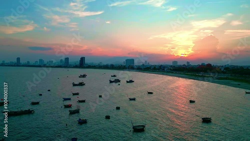 Sunset over the coast: Drone view 