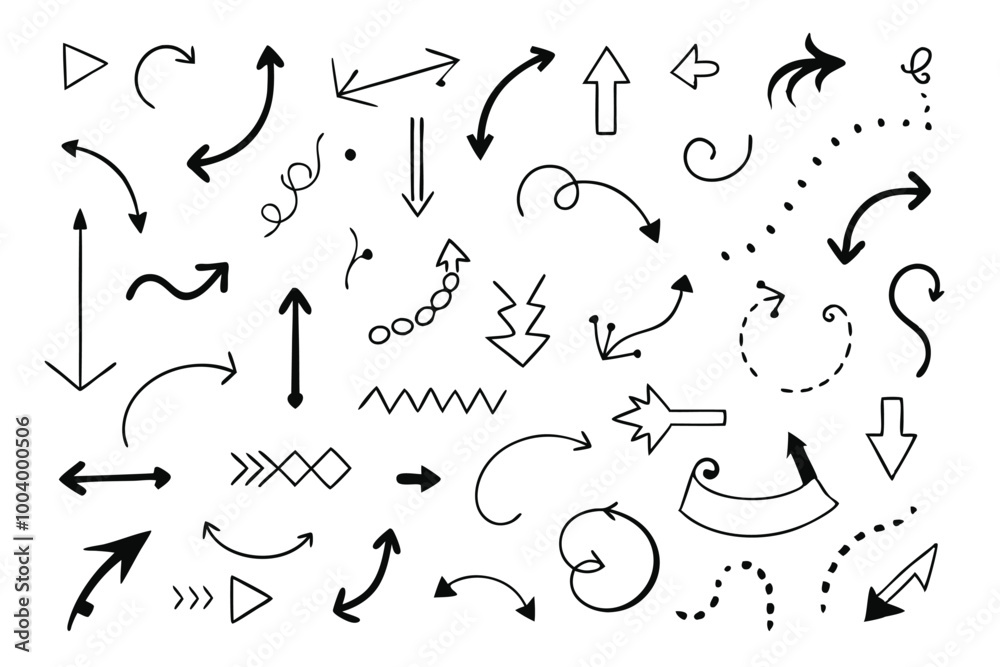 Arrow icons set. Vector black directional pointers. Flat hand drawn line doodle style.