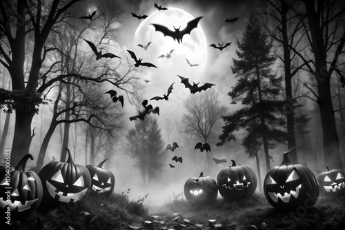 black and white photo of Creepy Halloween Scene with Bats in the Sky and Bright Jack-o-Lanterns in a Misty Woods.
