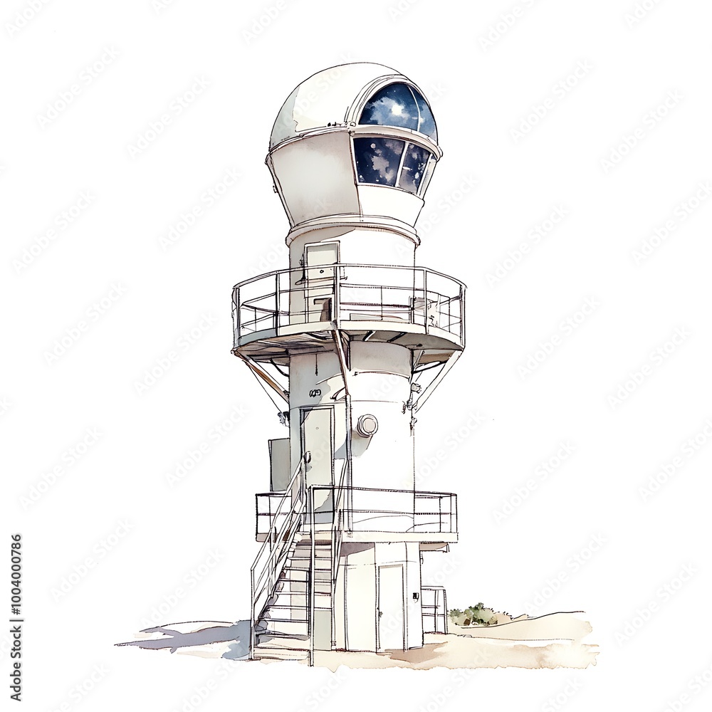 Watercolor Illustration of a White Control Tower with a Sky Reflection in the Window.